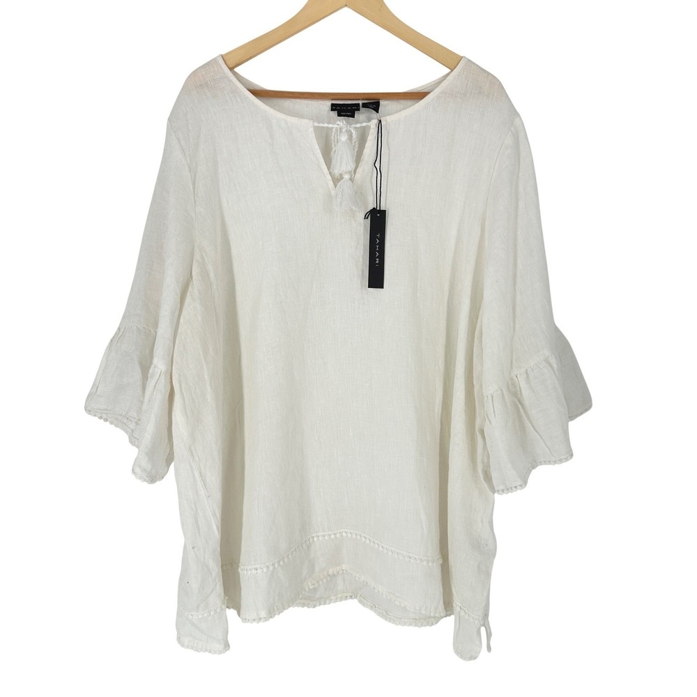 Tahari Linen Tassel V Neck Bell Sleeve Tunic Top White Plus Size‎ 3X